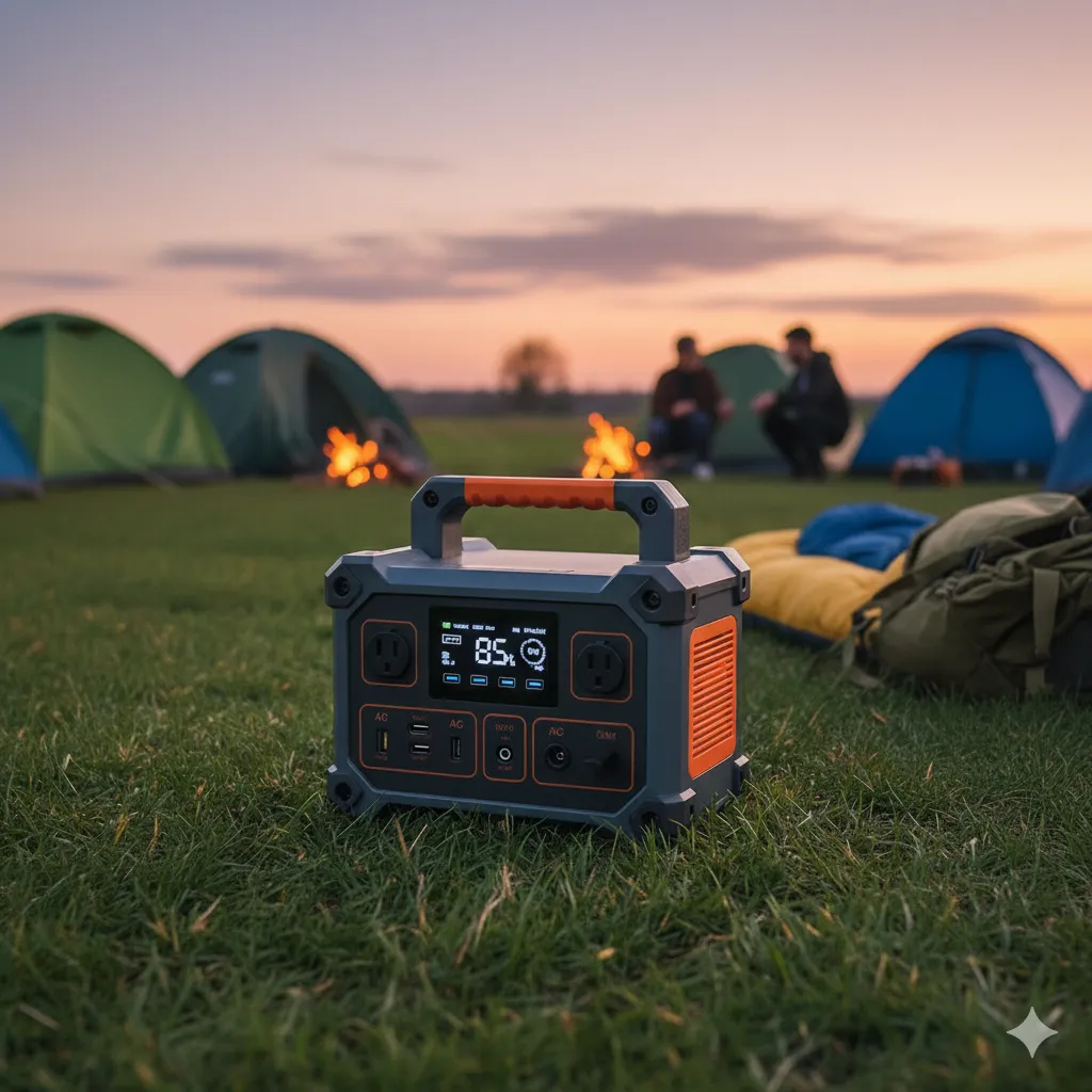 A portable power station with multiple sockets and a digital display.